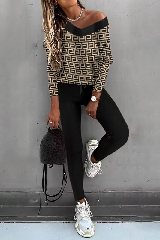 Conjunto de Blusa de Manga Longa e Calças com Blocos de Cor