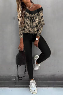 Conjunto de Blusa de Manga Longa e Calças com Blocos de Cor