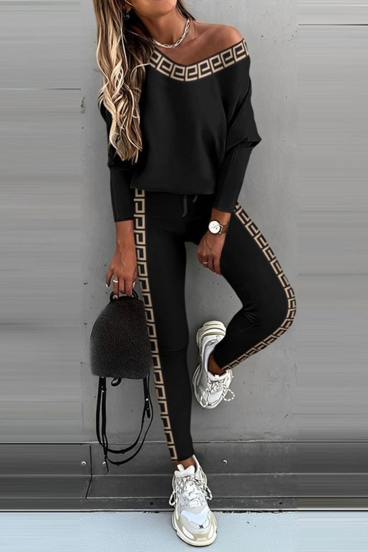 Conjunto de Blusa de Manga Longa e Calças com Blocos de Cor