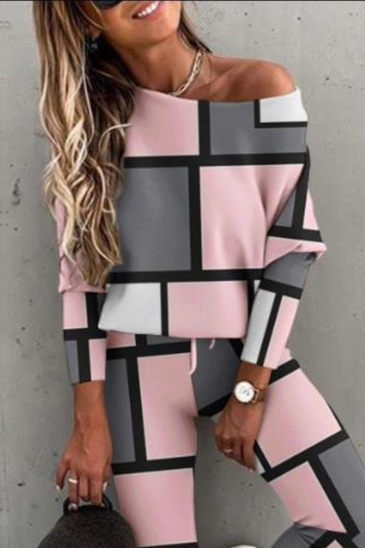 Conjunto de Blusa de Manga Longa e Calças com Blocos de Cor Casual