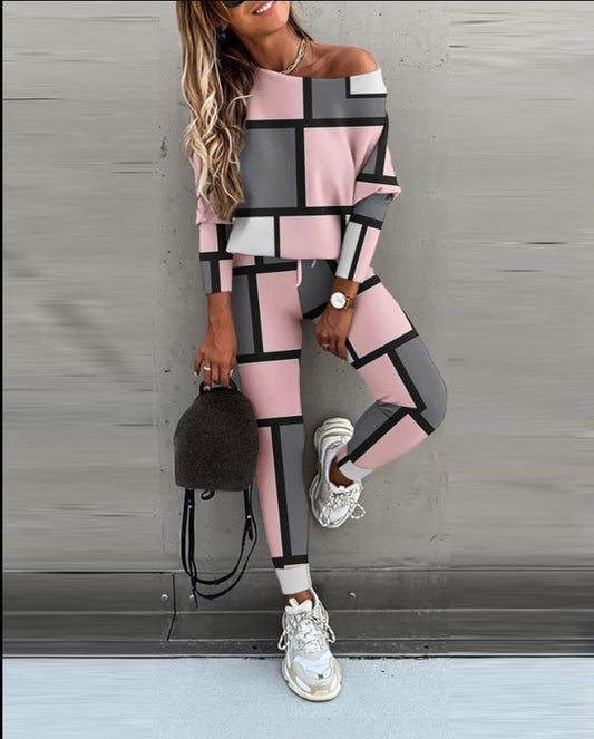 Conjunto de Blusa de Manga Longa e Calças com Blocos de Cor Casual