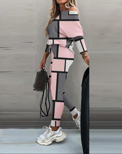 Conjunto de Blusa de Manga Longa e Calças com Blocos de Cor Casual - 2