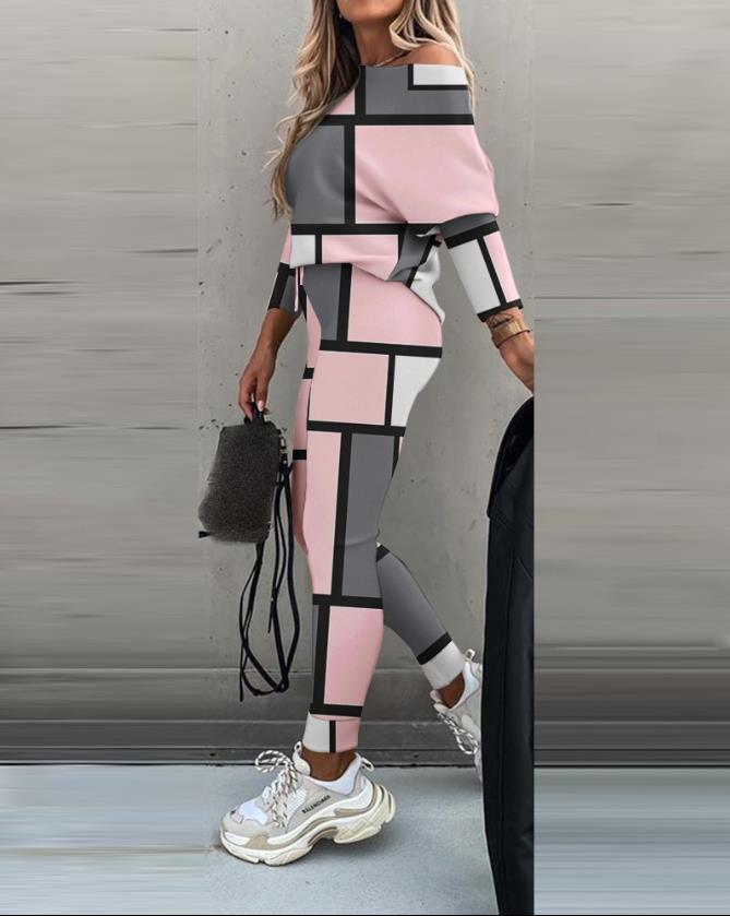 Conjunto de Blusa de Manga Longa e Calças com Blocos de Cor Casual