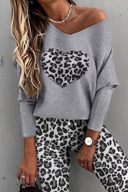 Conjunto Casual de Blusa de Manga Longa e Calças com Estampa de Leopardo - 3