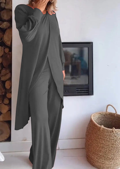 Conjunto de Cardigã Longo com Gola Redonda e Calças