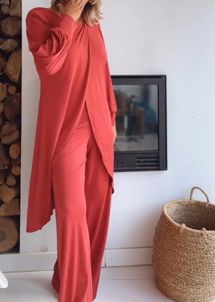 Conjunto de Cardigã Longo com Gola Redonda e Calças