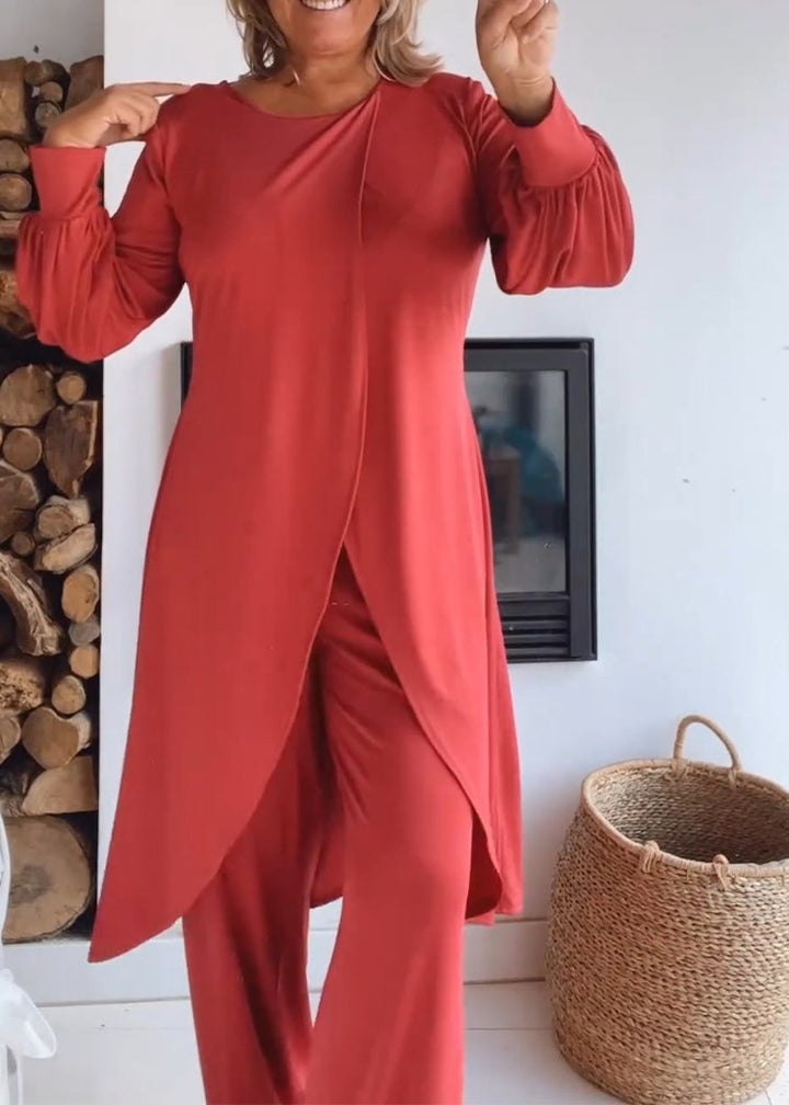 Conjunto de Cardigã Longo com Gola Redonda e Calças