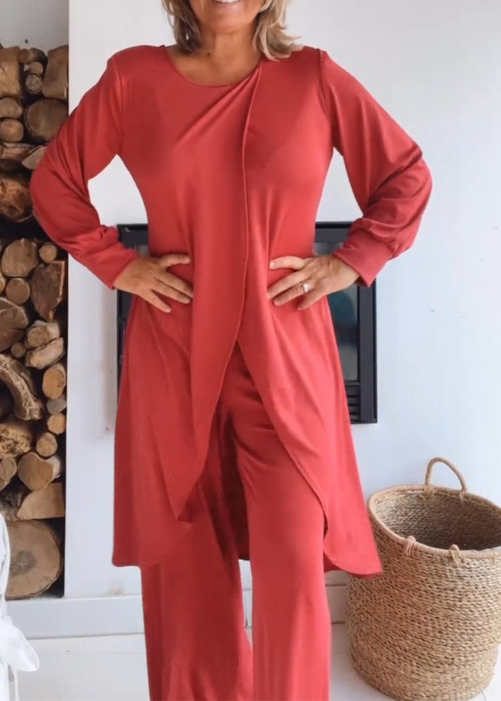 Conjunto de Cardigã Longo com Gola Redonda e Calças