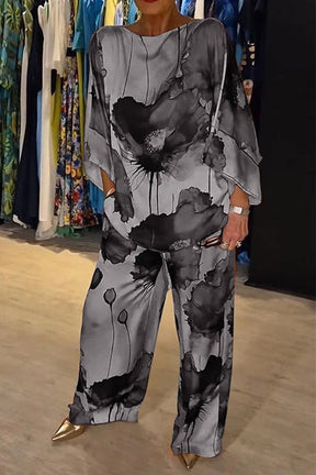 Conjunto de Cetim Estampado com Gola Redonda Casual
