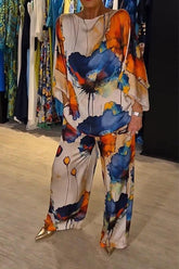Conjunto de Cetim Estampado com Gola Redonda Casual