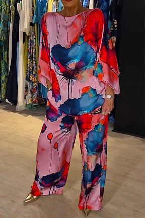 Conjunto de Cetim Estampado com Gola Redonda Casual