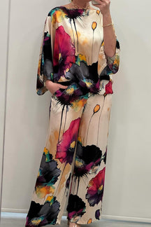 Conjunto de Cetim Estampado com Gola Redonda Casual