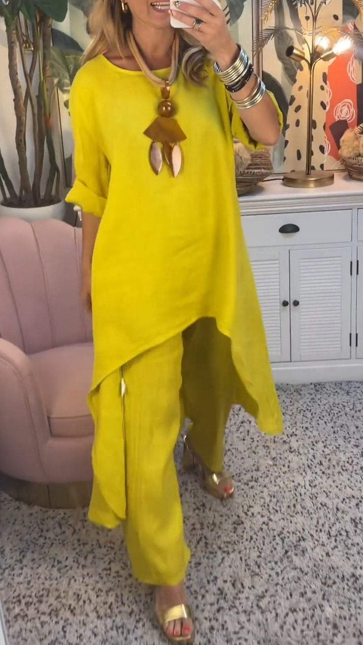 Conjunto de Duas Peças de Algodão e Linho com Gola Redonda e Manga Longa