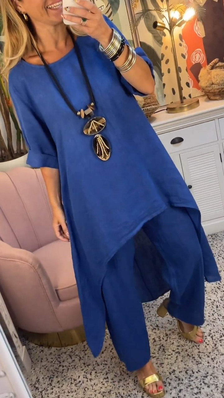 Conjunto de Duas Peças de Algodão e Linho com Gola Redonda e Manga Longa