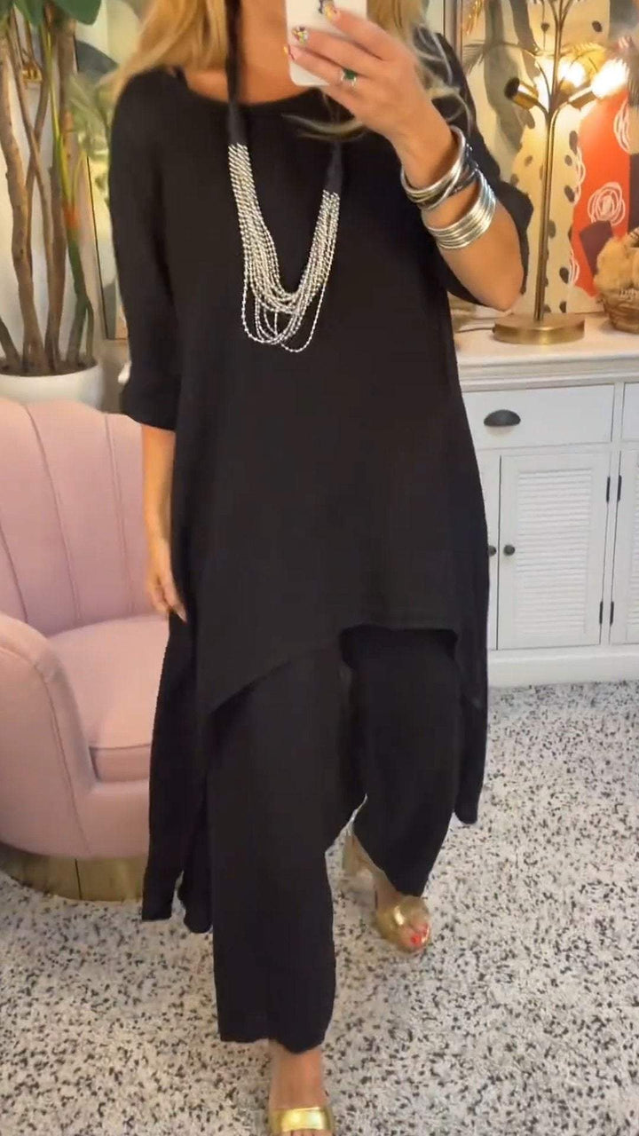 Conjunto de Duas Peças de Algodão e Linho com Gola Redonda e Manga Longa