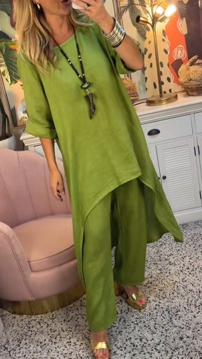 Conjunto de Duas Peças de Algodão e Linho com Gola Redonda e Manga Longa