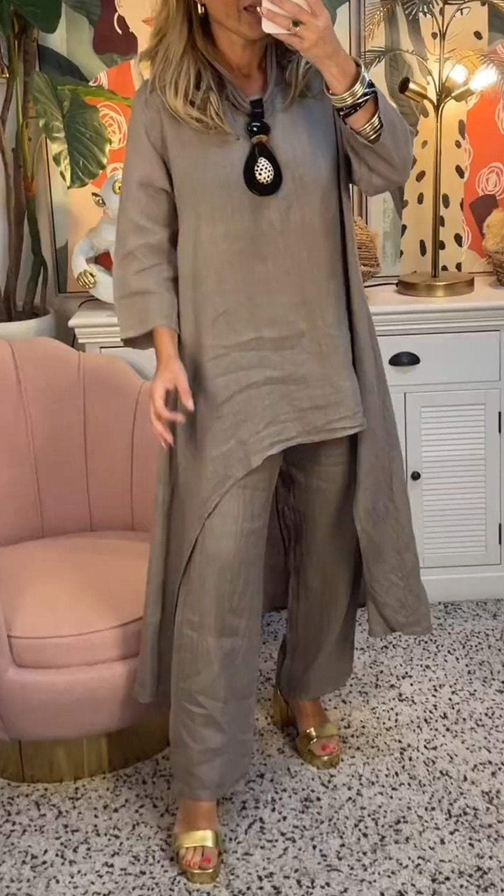 Conjunto de Duas Peças de Algodão e Linho com Gola Redonda e Manga Longa