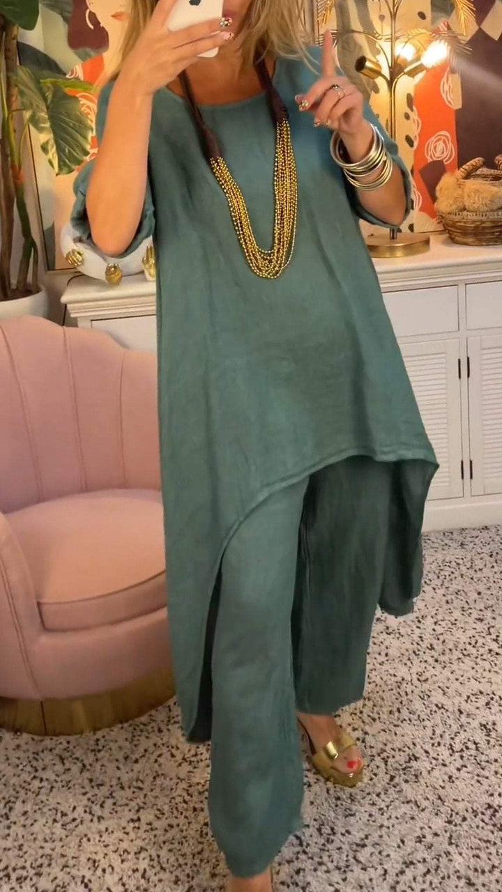 Conjunto de Duas Peças de Algodão e Linho com Gola Redonda e Manga Longa