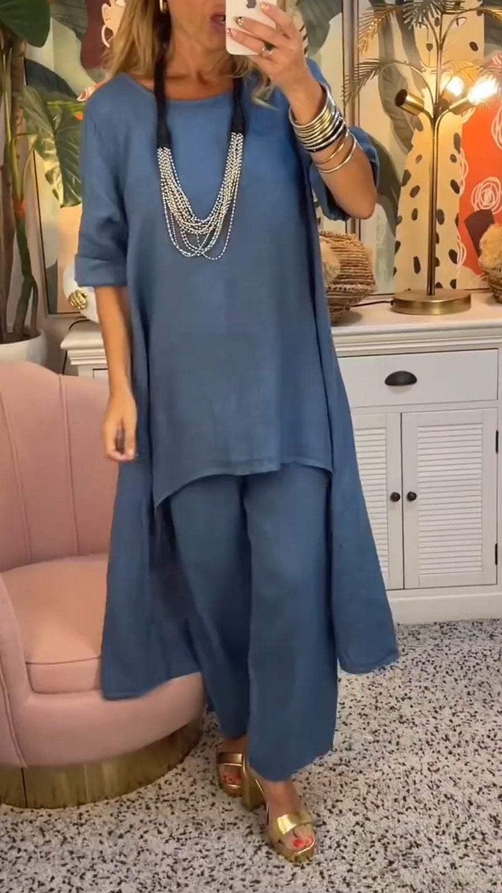 Conjunto de Duas Peças de Algodão e Linho com Gola Redonda e Manga Longa