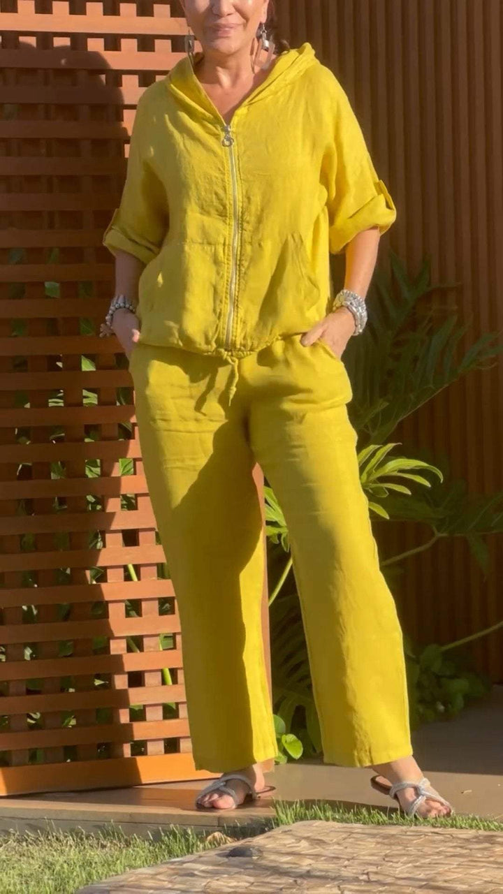 Conjunto de Duas Peças de Algodão e Linho com Zíper e Capuz Casual