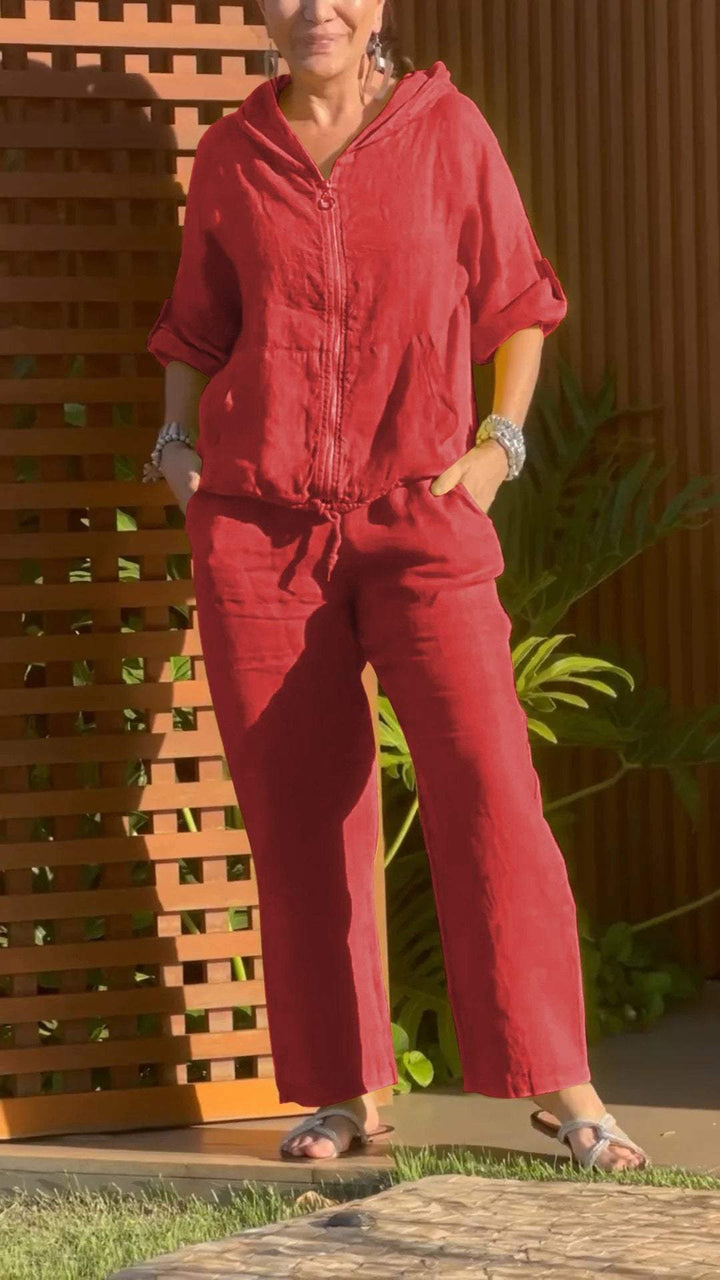 Conjunto de Duas Peças de Algodão e Linho com Zíper e Capuz Casual