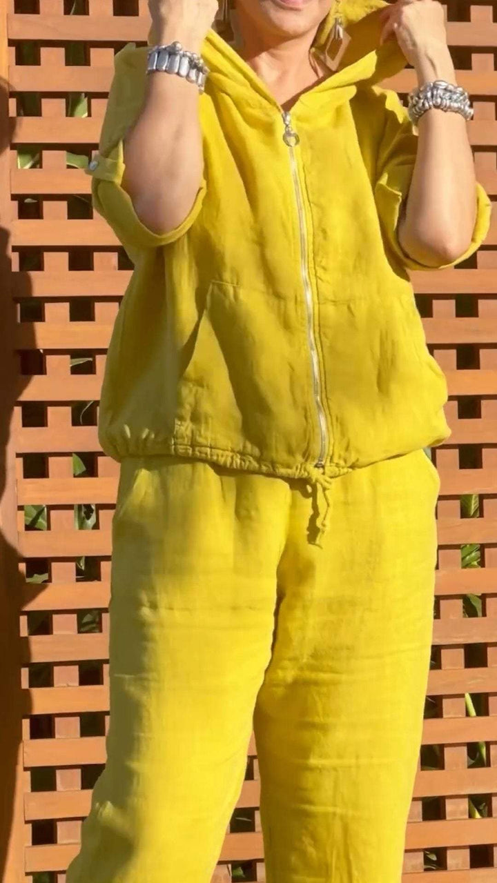 Conjunto de Duas Peças de Algodão e Linho com Zíper e Capuz Casual