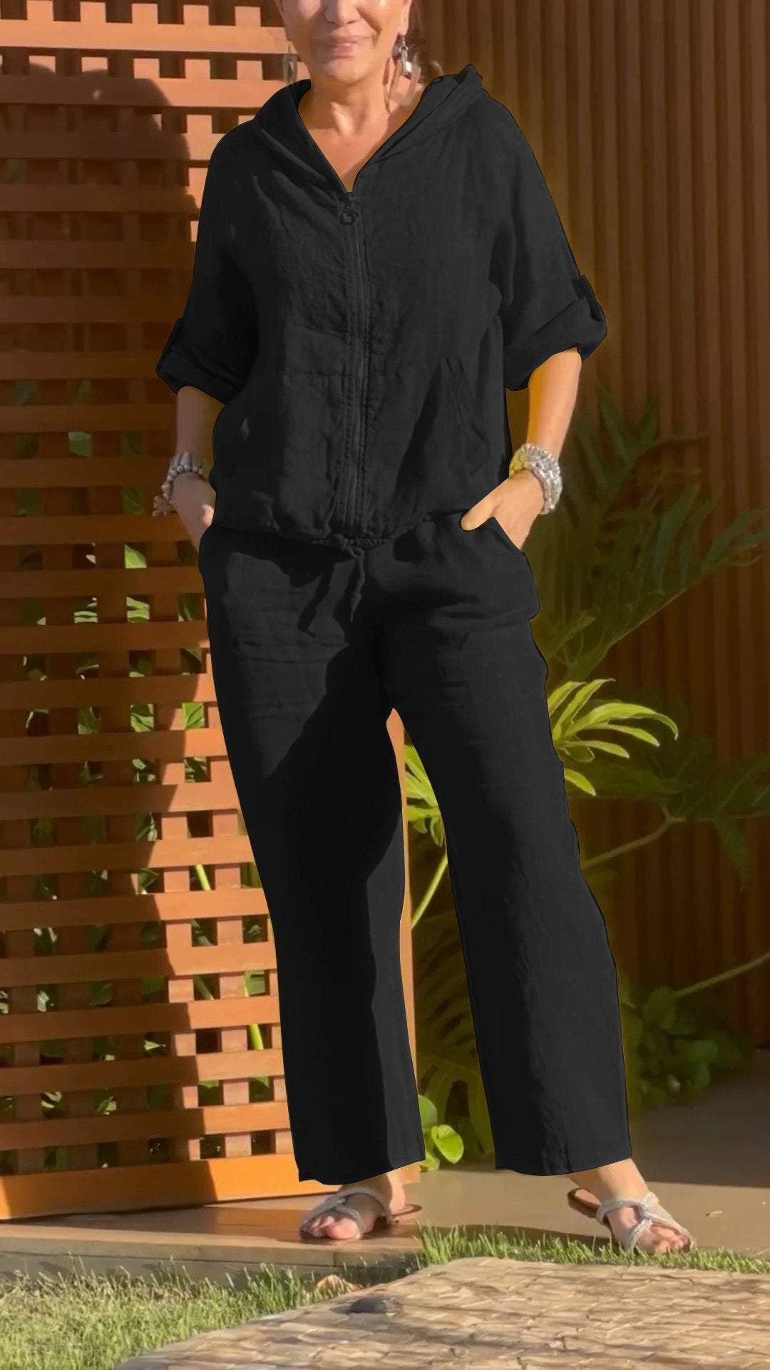 Conjunto de Duas Peças de Algodão e Linho com Zíper e Capuz Casual - 8