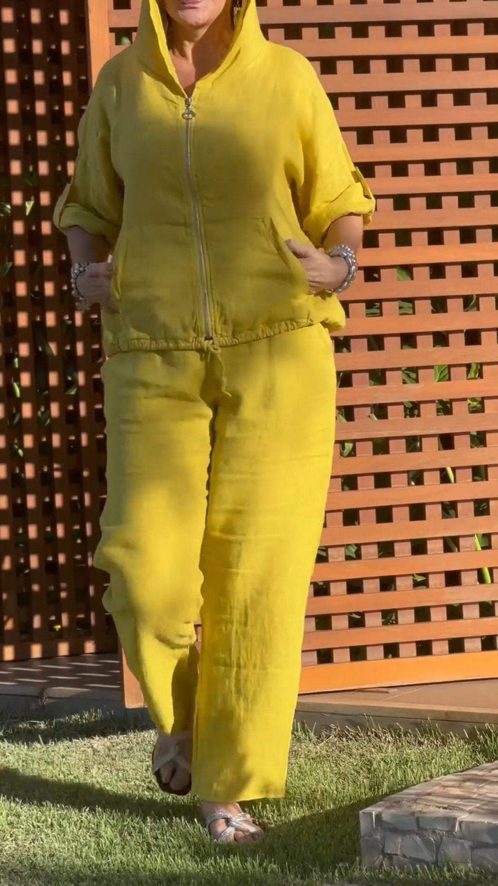 Conjunto de Duas Peças de Algodão e Linho com Zíper e Capuz Casual