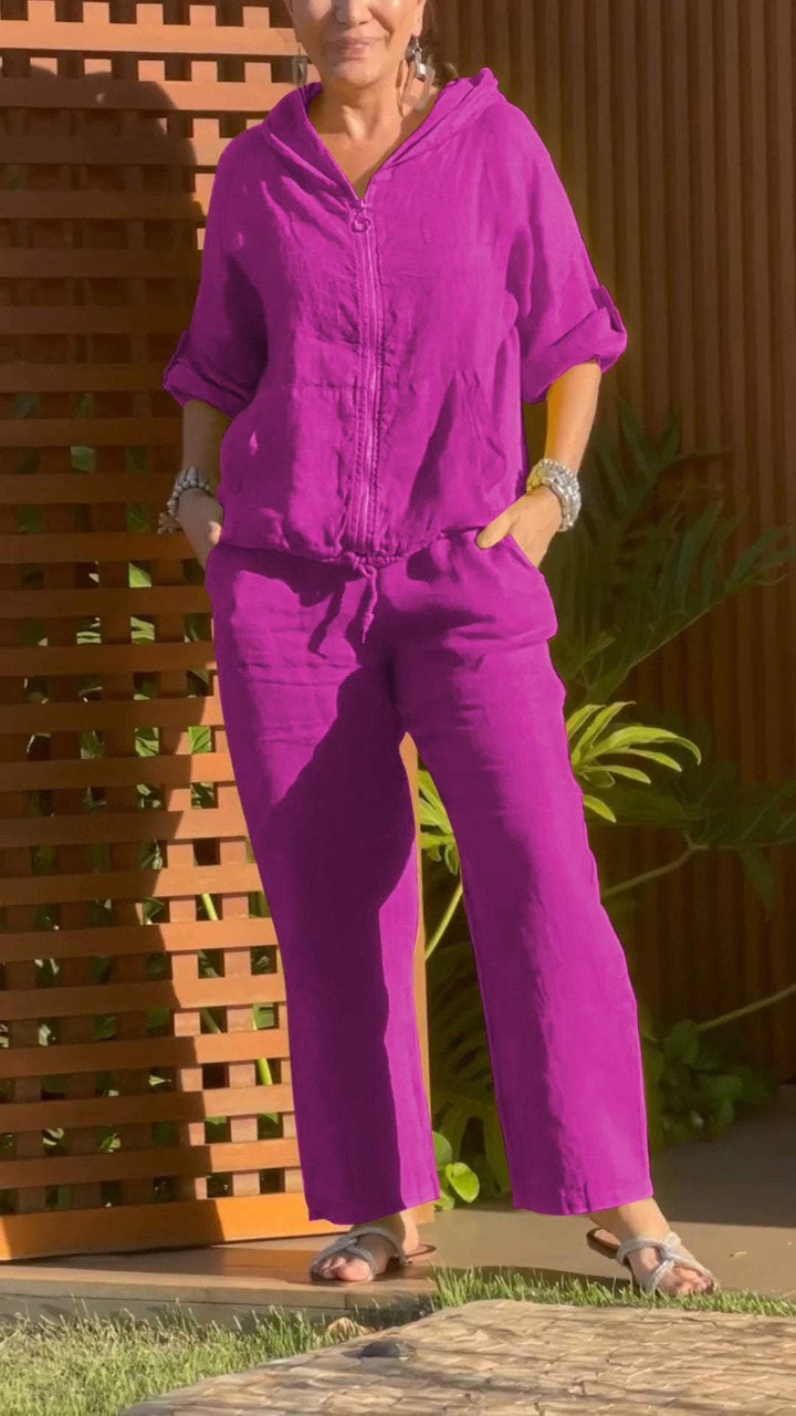 Conjunto de Duas Peças de Algodão e Linho com Zíper e Capuz Casual