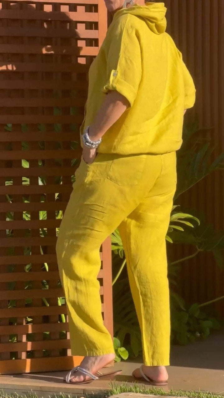 Conjunto de Duas Peças de Algodão e Linho com Zíper e Capuz Casual