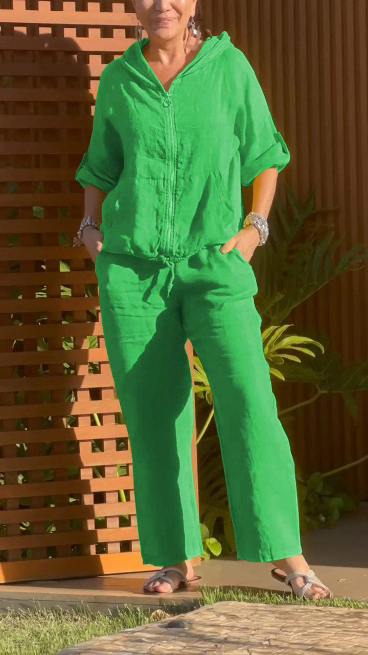 Conjunto de Duas Peças de Algodão e Linho com Zíper e Capuz Casual