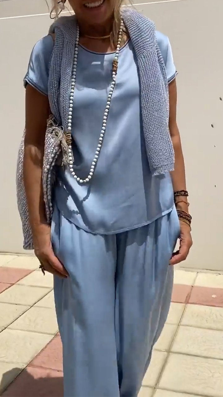 Conjunto de Duas Peças de Cetim com Gola Redonda e Manga Curta - 2