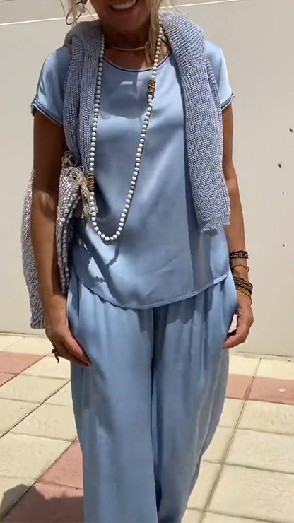 Conjunto de Duas Peças de Cetim com Gola Redonda e Manga Curta - 2