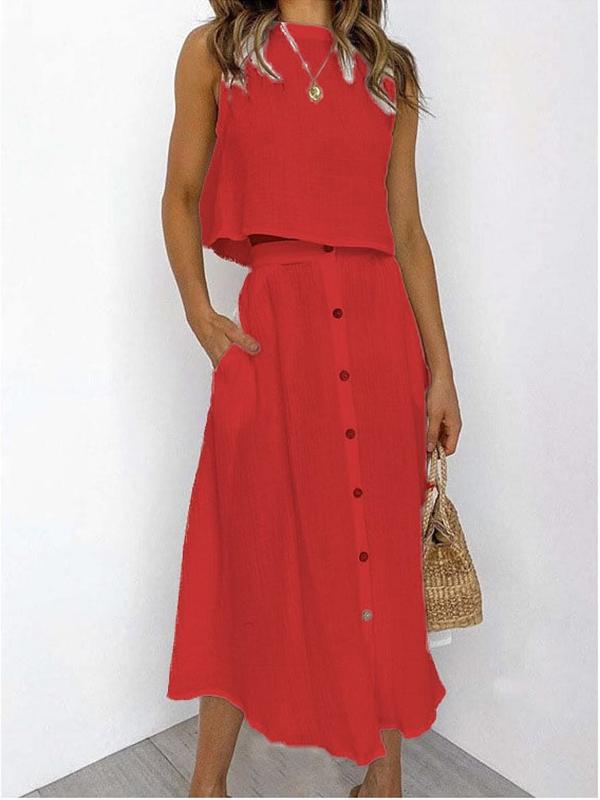 Conjunto com Camiseta sem Mangas e Vestido com Botões