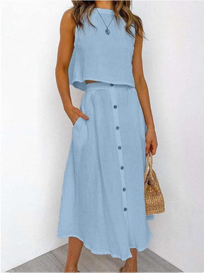 Conjunto com Camiseta sem Mangas e Vestido com Botões