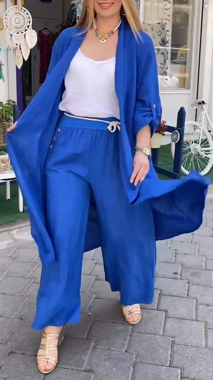 Conjunto de Duas Peças com Cardigã Longo com Costura Vazada