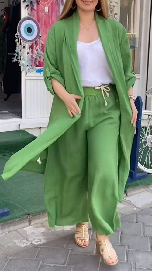 Conjunto de Duas Peças com Cardigã Longo com Costura Vazada