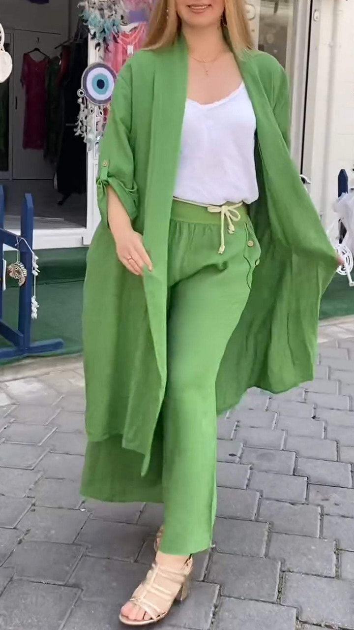 Conjunto de Duas Peças com Cardigã Longo com Costura Vazada