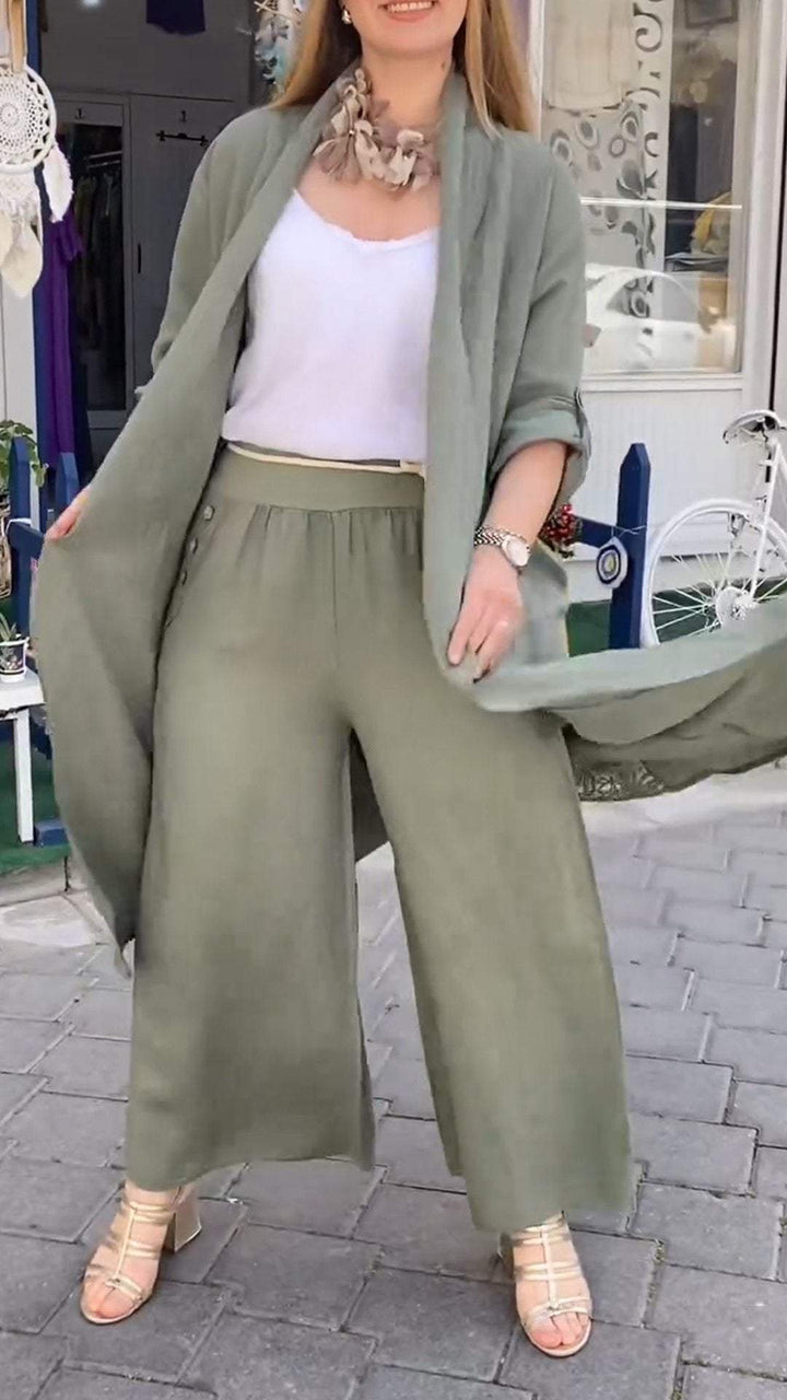 Conjunto de Duas Peças com Cardigã Longo com Costura Vazada