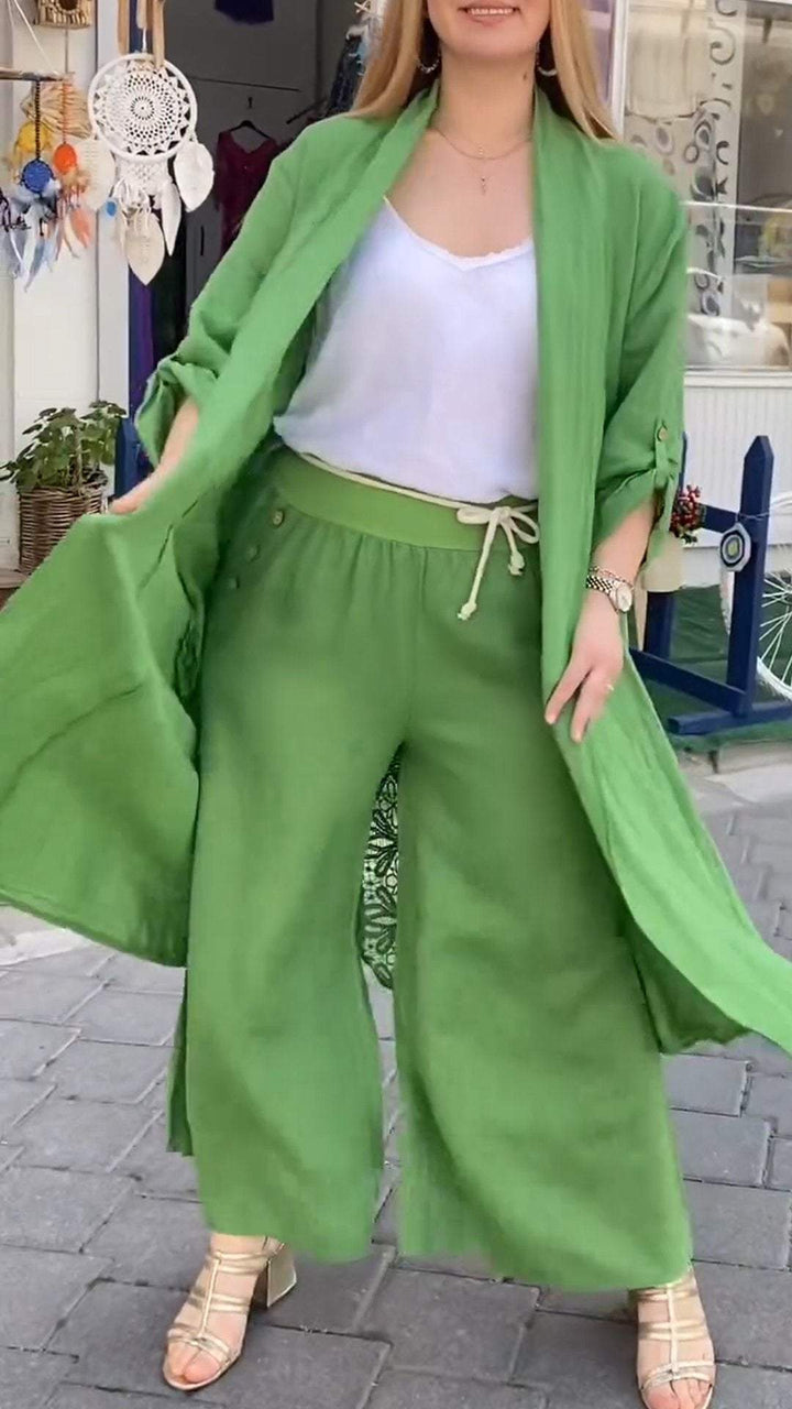 Conjunto de Duas Peças com Cardigã Longo com Costura Vazada