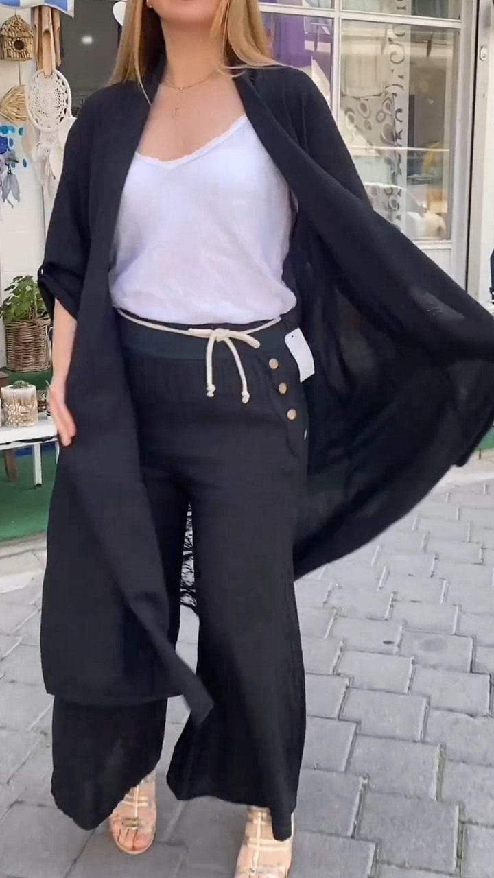 Conjunto de Duas Peças com Cardigã Longo com Costura Vazada