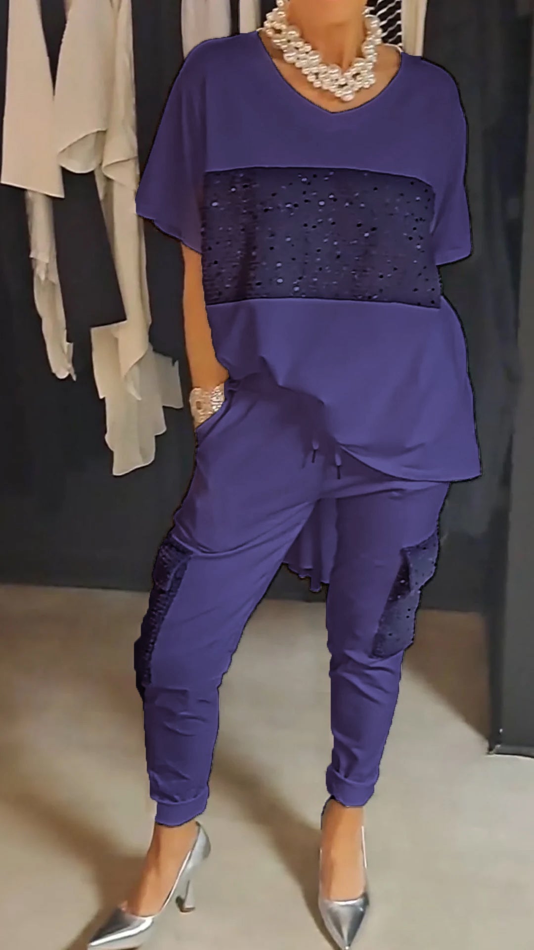 Conjunto de Duas Peças com Lantejoulas e Gola Redonda Casual - 6