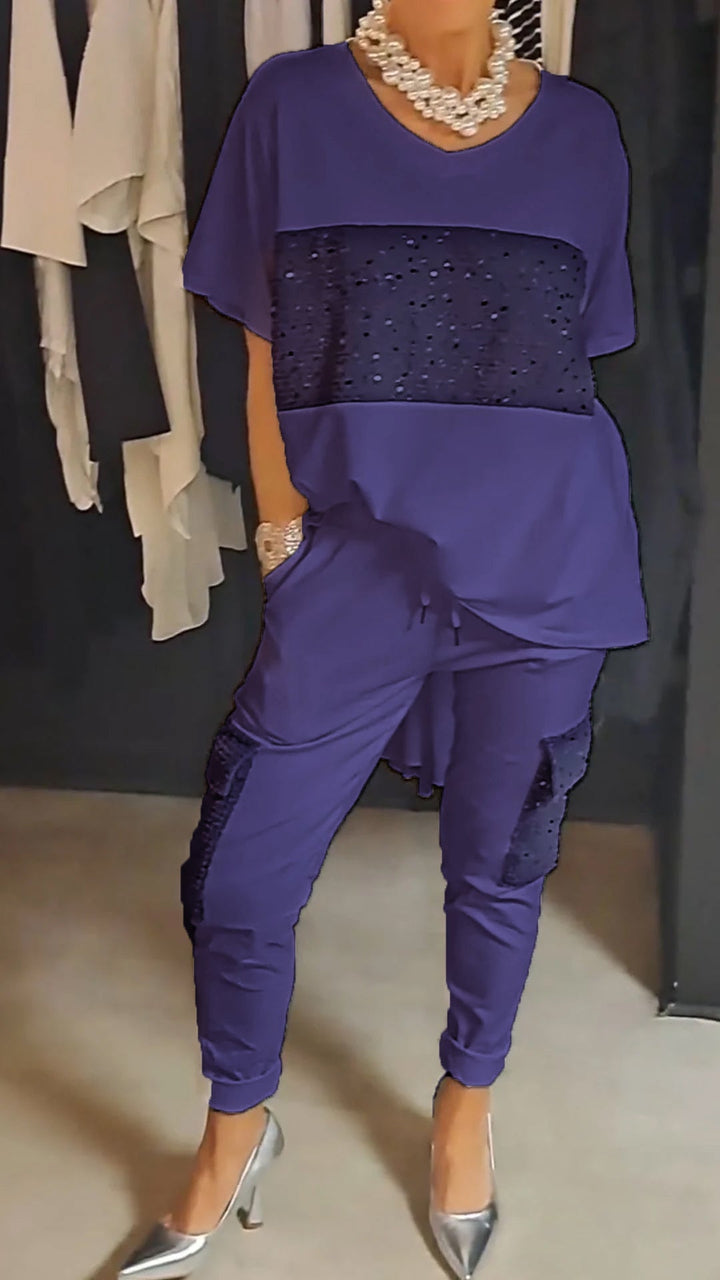 Conjunto de Duas Peças com Lantejoulas e Gola Redonda Casual