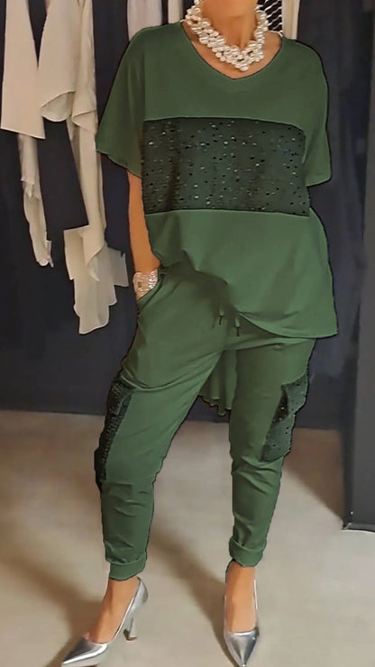 Conjunto de Duas Peças com Lantejoulas e Gola Redonda Casual - 7
