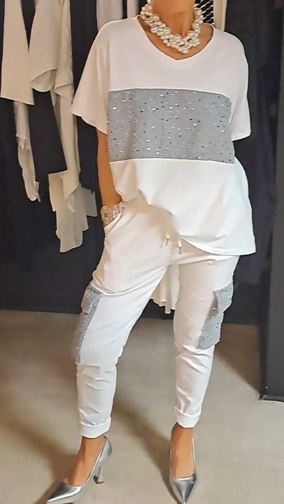 Conjunto de Duas Peças com Lantejoulas e Gola Redonda Casual - 2