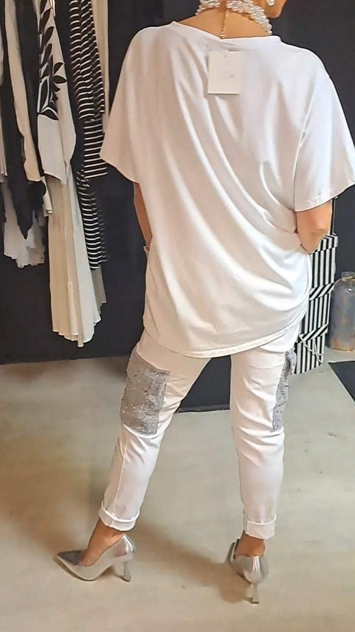 Conjunto de Duas Peças com Lantejoulas e Gola Redonda Casual