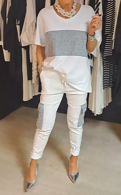 Conjunto de Duas Peças com Lantejoulas e Gola Redonda Casual