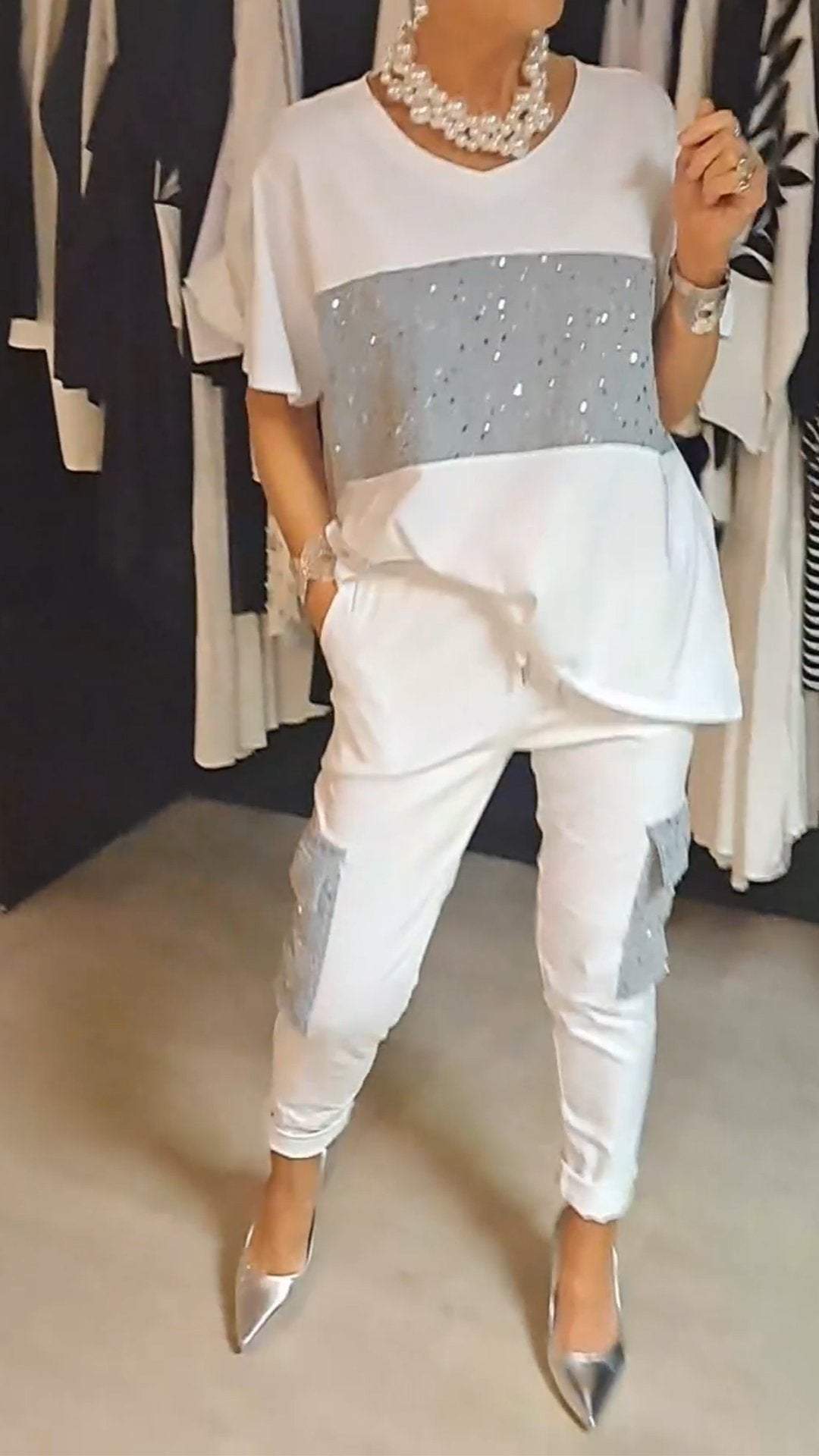 Conjunto de Duas Peças com Lantejoulas e Gola Redonda Casual - 3