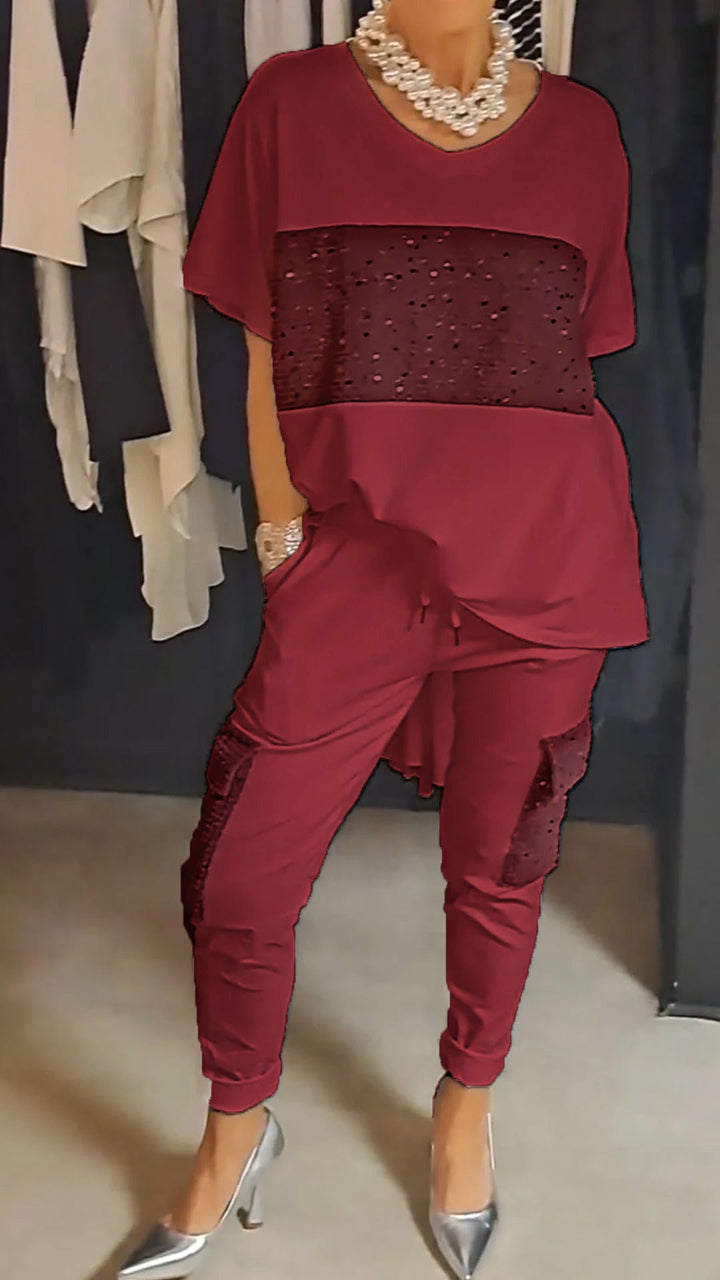 Conjunto de Duas Peças com Lantejoulas e Gola Redonda Casual