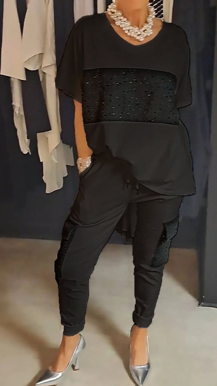 Conjunto de Duas Peças com Lantejoulas e Gola Redonda Casual